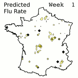 Space-Time Animation of Predicted Ratio of New Infectives in France for 15 Weeks in the Winter 1998-1999