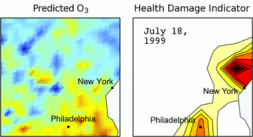 Space-Time Animation of Predicted Ozone Exposure and Associated Normalized Damage Indicator in the Eastern USA in July 1999